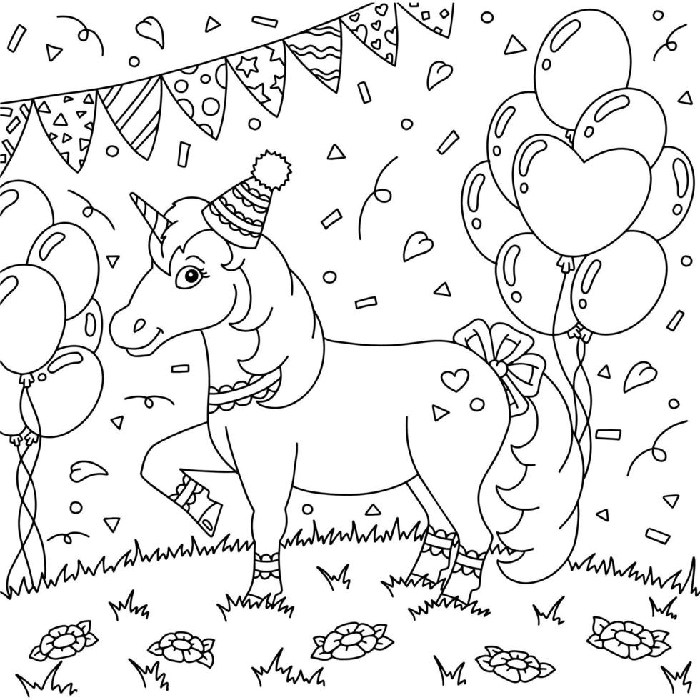 un divertente unicorno con un cappello da festa che si diverte a una festa di compleanno. cavallo carino. pagina del libro da colorare per bambini. stile cartone animato. illustrazione vettoriale isolato su sfondo bianco.