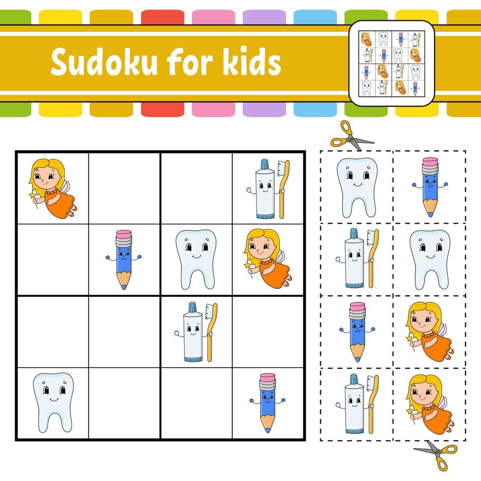 sudoku per bambini. foglio di lavoro per lo sviluppo dell'istruzione. pagina delle attività con immagini. gioco di puzzle per bambini. formazione al pensiero logico. illustrazione vettoriale isolato. personaggio divertente. stile cartone animato.