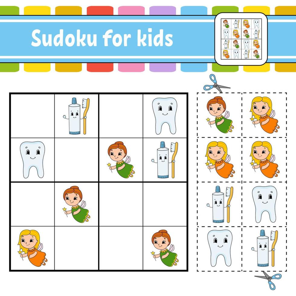 sudoku per bambini. foglio di lavoro per lo sviluppo dell'istruzione. pagina delle attività con immagini. gioco di puzzle per bambini. formazione al pensiero logico. illustrazione vettoriale isolato. personaggio divertente. stile cartone animato.