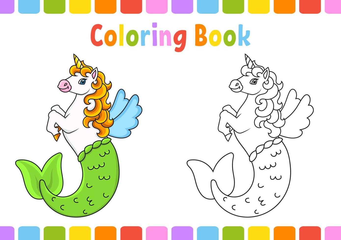 libro da colorare per bambini. simpatico unicorno sirena. personaggio dei cartoni animati. illustrazione vettoriale. pagina di fantasia per bambini. contorno nero. isolato su sfondo bianco. vettore