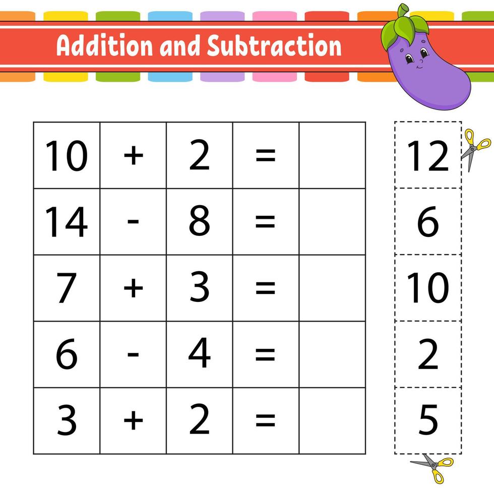 addizione e sottrazione. compito per i bambini. foglio di lavoro per lo sviluppo dell'istruzione. pagina delle attività. gioco per bambini. personaggio divertente. illustrazione vettoriale isolato. stile cartone animato.