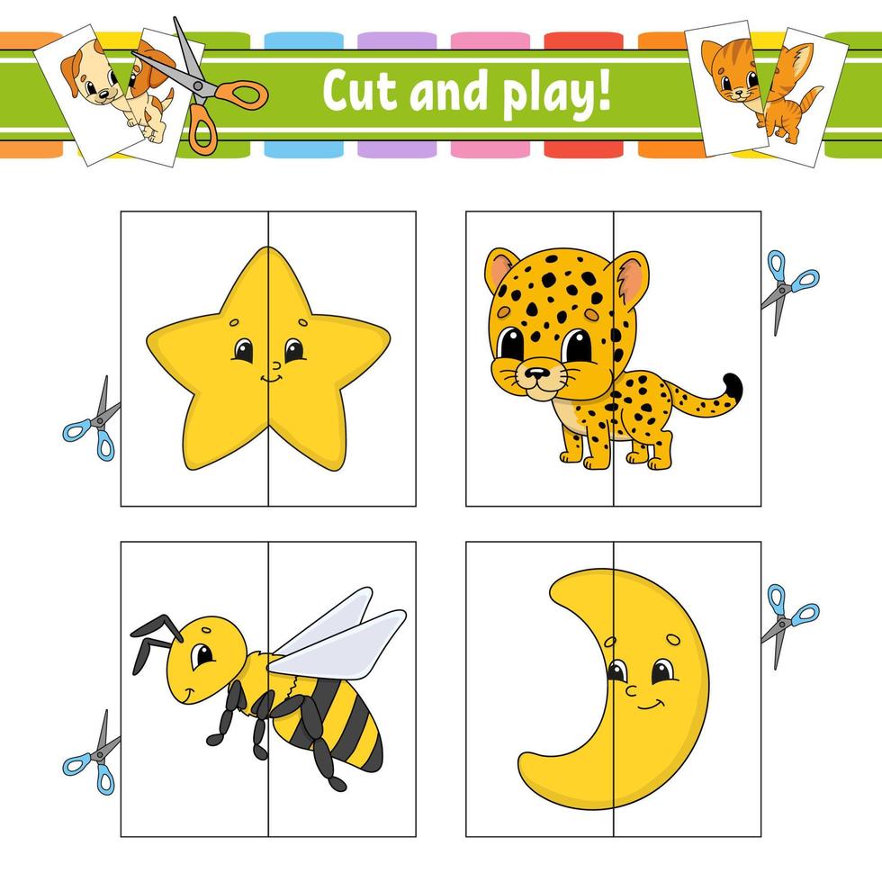 taglia e gioca. schede flash. puzzle di colore. foglio di lavoro per lo sviluppo dell'istruzione. pagina delle attività. gioco per bambini. personaggio divertente. illustrazione vettoriale isolato. stile cartone animato.