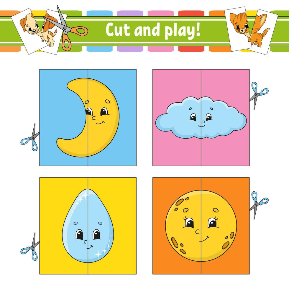 taglia e gioca. schede flash. puzzle di colore. foglio di lavoro per lo sviluppo dell'istruzione. pagina delle attività. gioco per bambini. personaggio divertente. illustrazione vettoriale isolato. stile cartone animato.