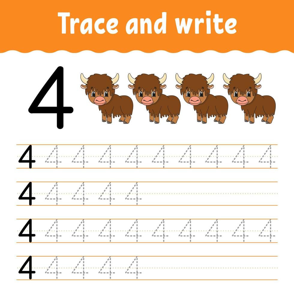 traccia e scrivi. pratica della scrittura a mano. imparare i numeri per i bambini. foglio di lavoro per lo sviluppo dell'istruzione. pagina delle attività. gioco per bambini in età prescolare. illustrazione vettoriale isolato in stile cartone animato carino.