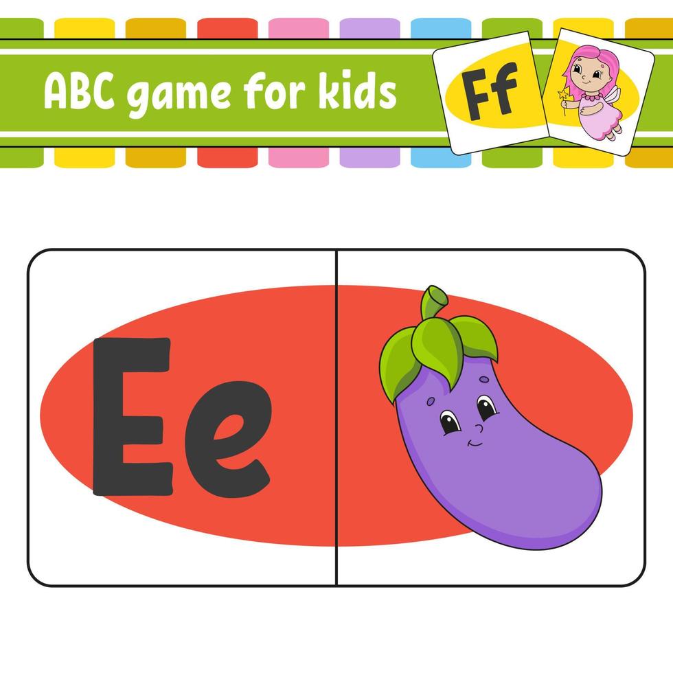 schede flash abc. alfabeto per bambini. lettere di apprendimento. foglio di lavoro per lo sviluppo dell'istruzione. pagina delle attività per lo studio dell'inglese. gioco per bambini. personaggio divertente. illustrazione vettoriale isolato. stile cartone animato.