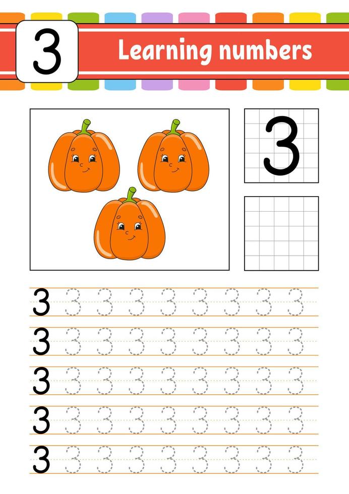 traccia e scrivi. pratica della scrittura a mano. imparare i numeri per i bambini. foglio di lavoro per lo sviluppo dell'istruzione. pagina delle attività. gioco per bambini in età prescolare. illustrazione vettoriale isolato in stile cartone animato carino.