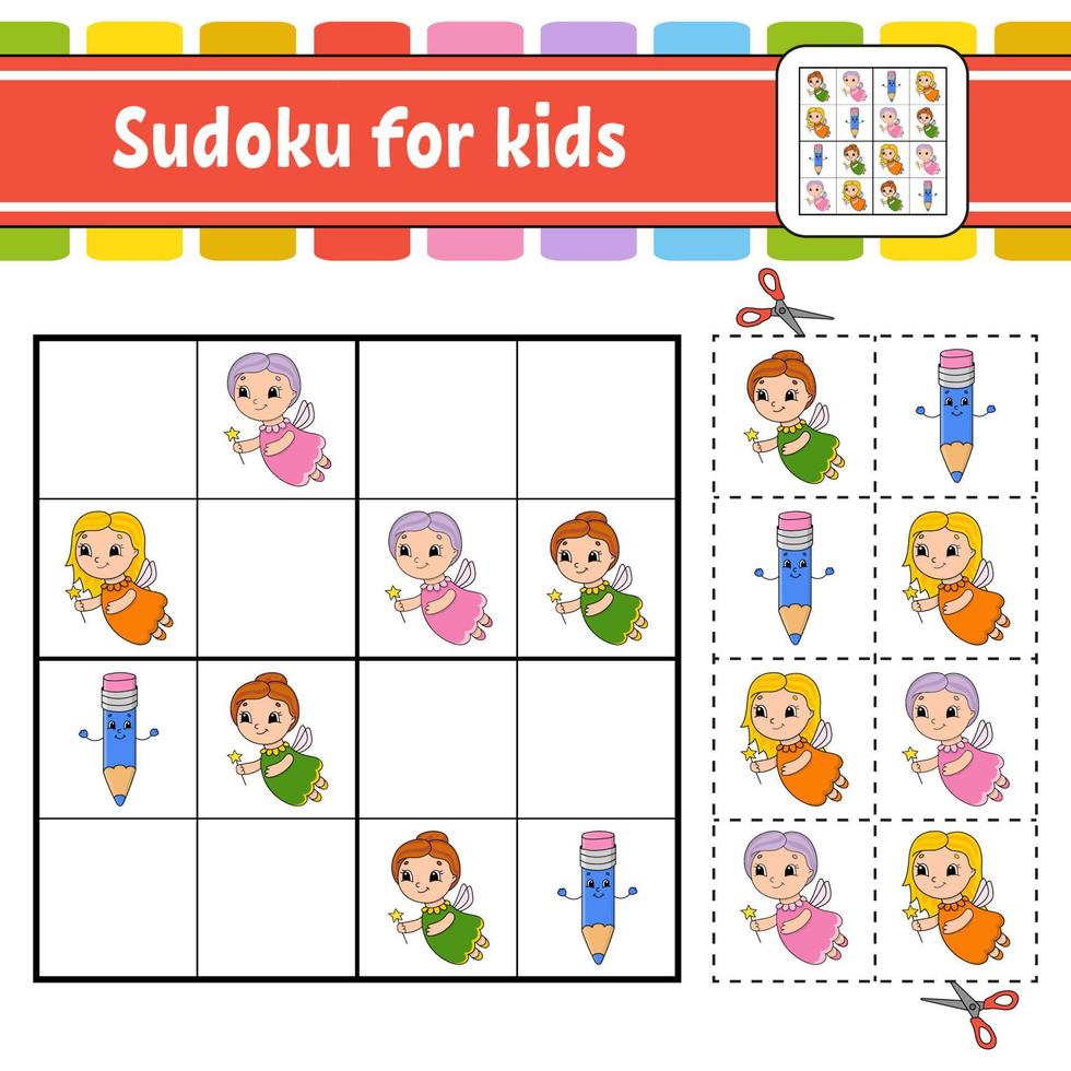 sudoku per bambini. foglio di lavoro per lo sviluppo dell'istruzione. pagina delle attività con immagini. gioco di puzzle per bambini. formazione al pensiero logico. illustrazione vettoriale isolato. personaggio divertente. stile cartone animato.