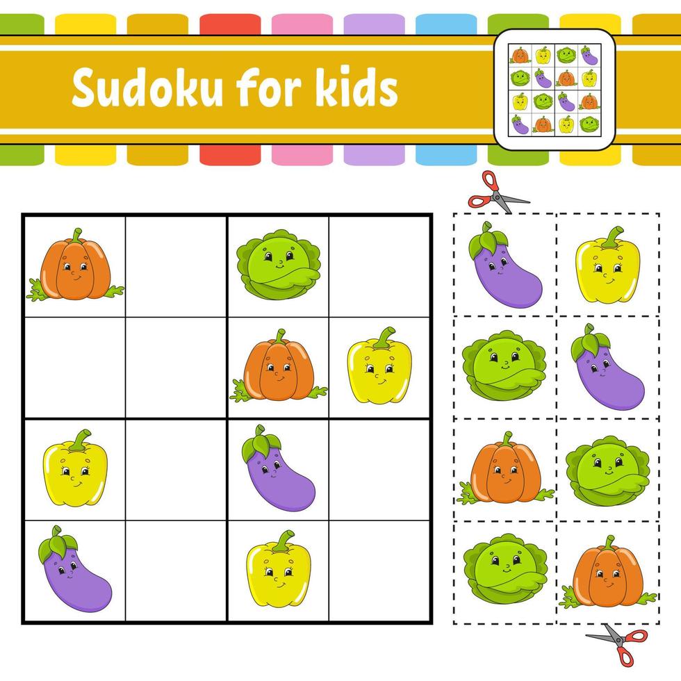 sudoku per bambini. foglio di lavoro per lo sviluppo dell'istruzione. pagina delle attività con immagini. gioco di puzzle per bambini. formazione al pensiero logico. illustrazione vettoriale isolato. personaggio divertente. stile cartone animato.