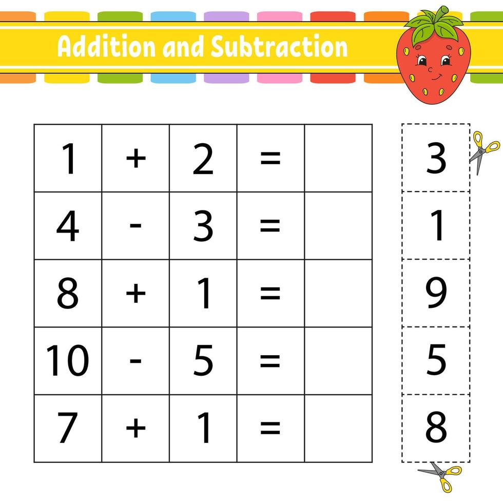 addizione e sottrazione. compito per i bambini. foglio di lavoro per lo sviluppo dell'istruzione. pagina delle attività. gioco per bambini. personaggio divertente. illustrazione vettoriale isolato. stile cartone animato.