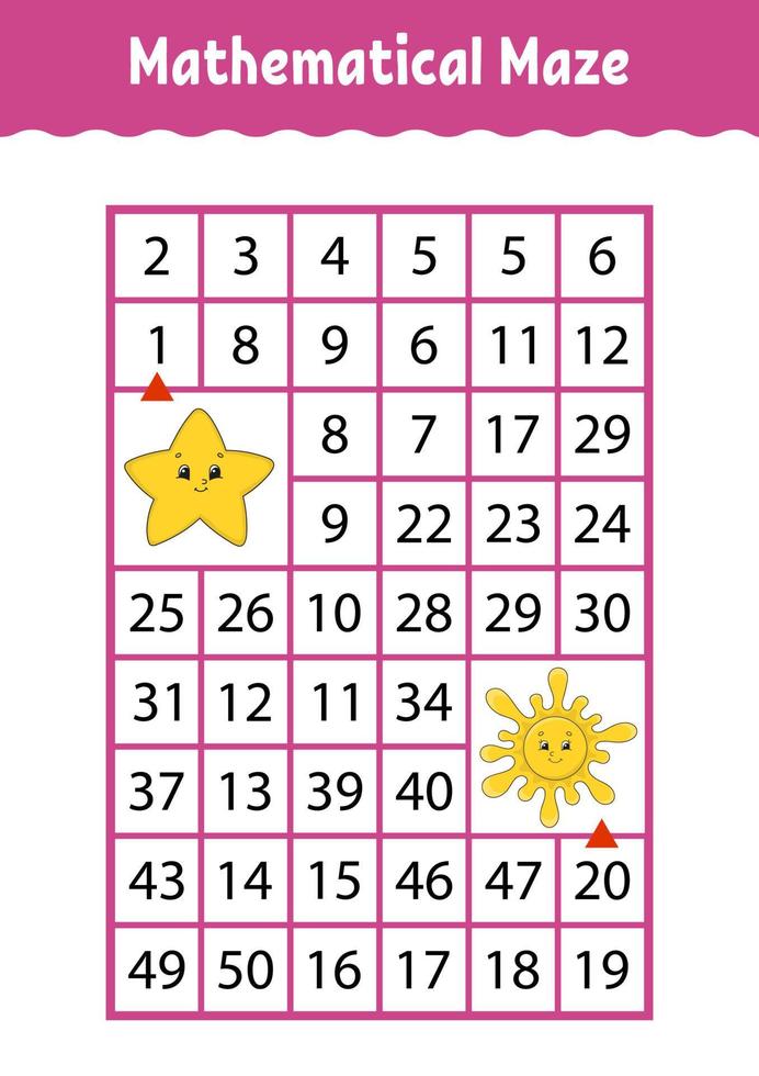 labirinto matematico. gioco per bambini. labirinto di numeri foglio di lavoro per lo sviluppo dell'istruzione. pagina delle attività. puzzle per bambini. personaggi dei cartoni animati. indovinello per la scuola materna. illustrazione vettoriale a colori