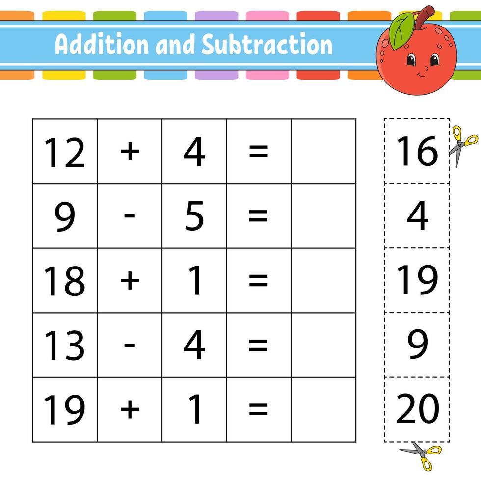 addizione e sottrazione. compito per i bambini. foglio di lavoro per lo sviluppo dell'istruzione. pagina delle attività. gioco per bambini. personaggio divertente. illustrazione vettoriale isolato. stile cartone animato.