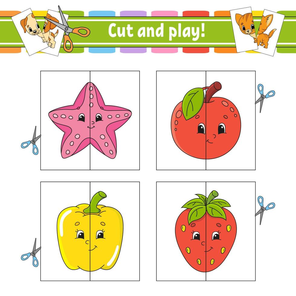 taglia e gioca. schede flash. puzzle di colore. foglio di lavoro per lo sviluppo dell'istruzione. pagina delle attività. gioco per bambini. personaggio divertente. illustrazione vettoriale isolato. stile cartone animato.