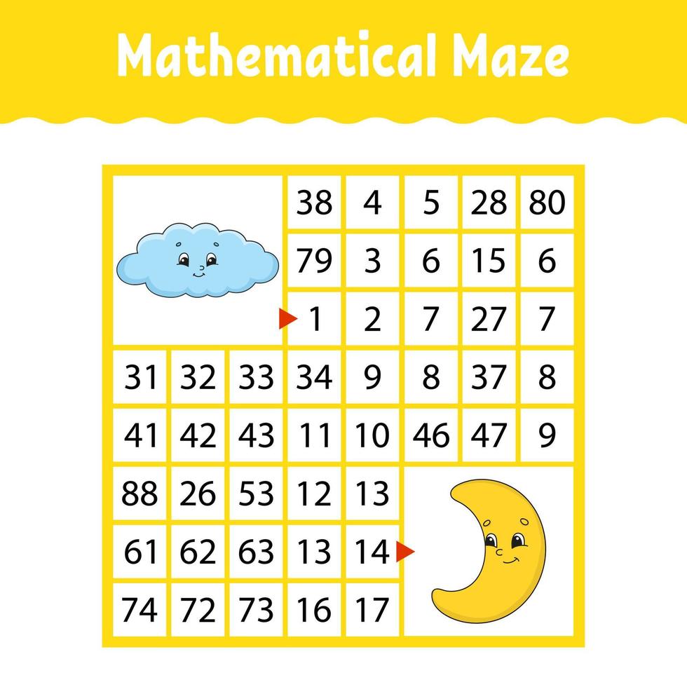 labirinto quadrato colorato matematico. foglio di lavoro per lo sviluppo dell'istruzione. gioco per bambini. puzzle per bambini. lo studio dei numeri. enigma del labirinto. illustrazione vettoriale piatta isolata su sfondo bianco