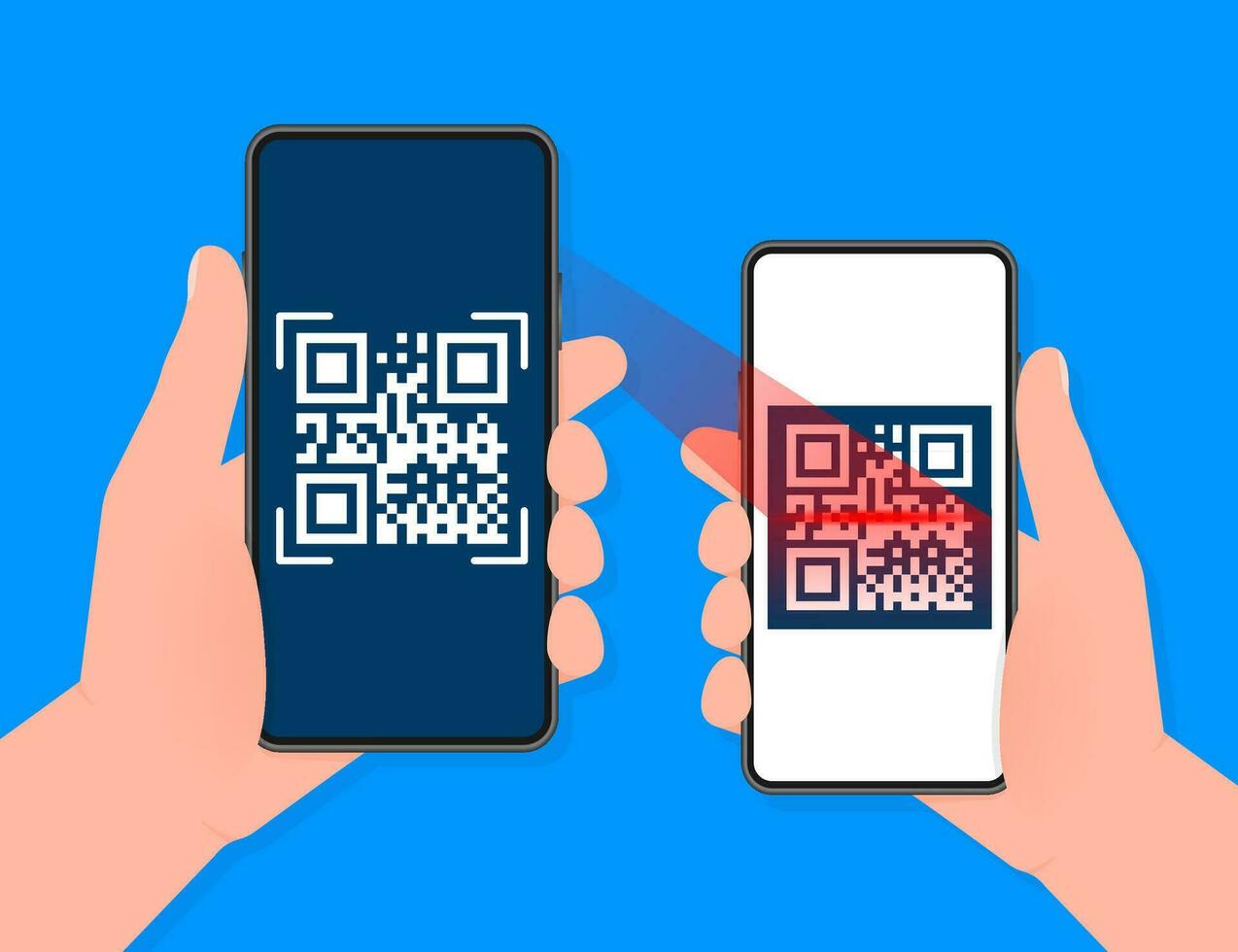 mano detiene Telefono con scansione qr codice per pagare su schermo. Telefono su blu sfondo. vettore illustrazione.