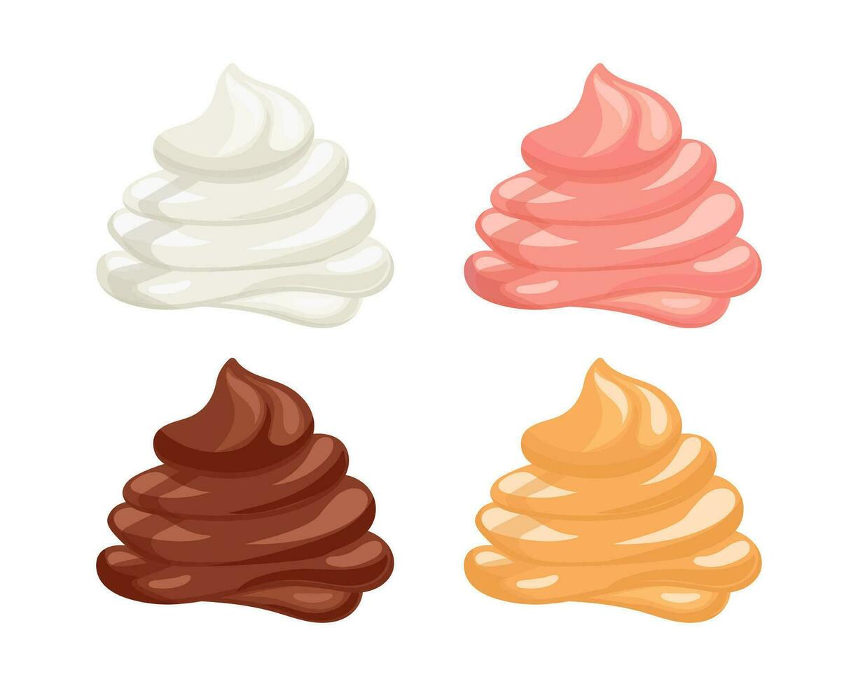 cremoso turbine impostare. frustato crema, mousse. fragola, cioccolato, vaniglia e caramello crema. dolce illustrazione nel cartone animato piatto stile. cibo icona. vettore