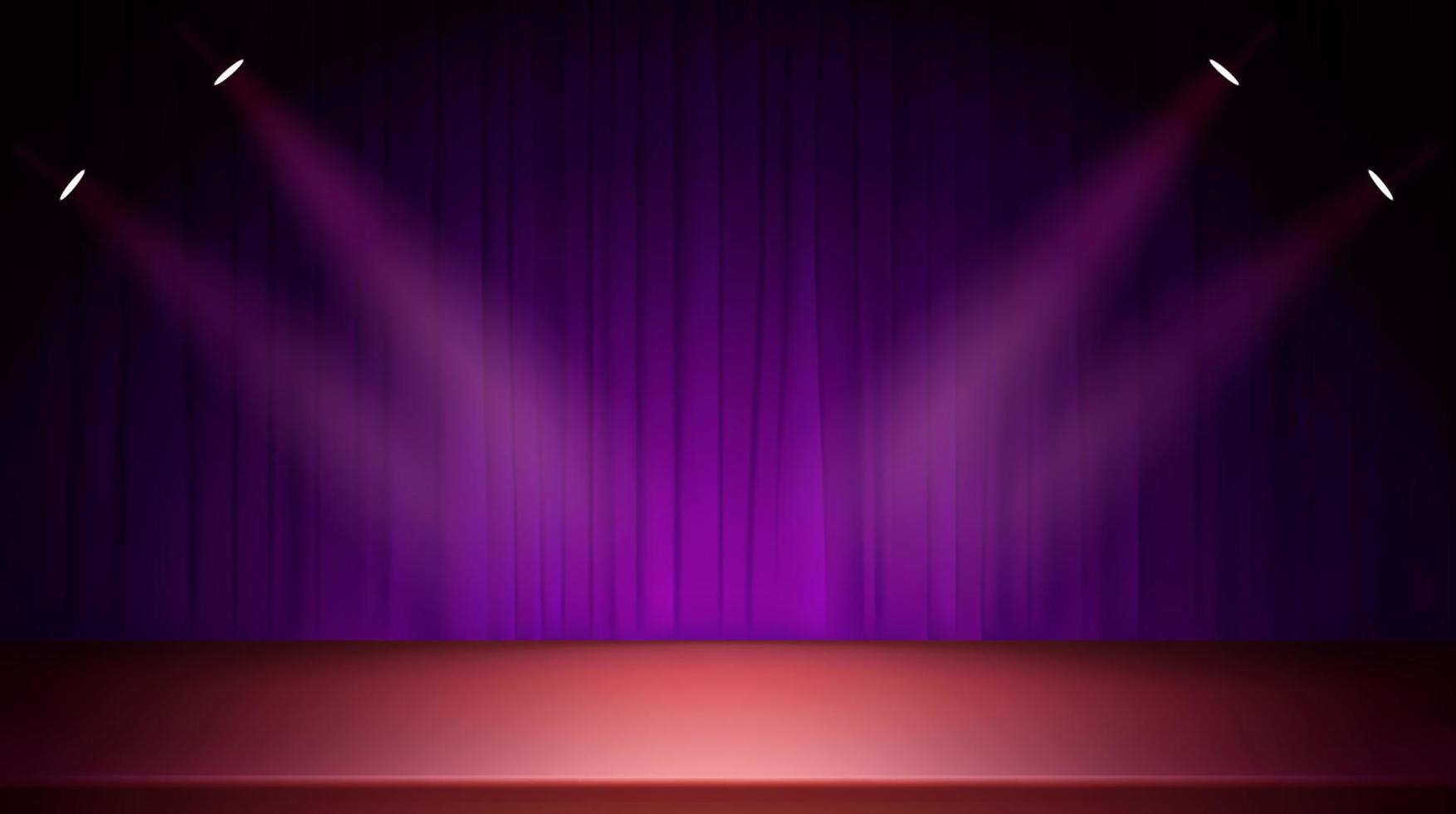 palco luminoso con tende viola e faretti. Illustrazione vettoriale realistica in stile 3d