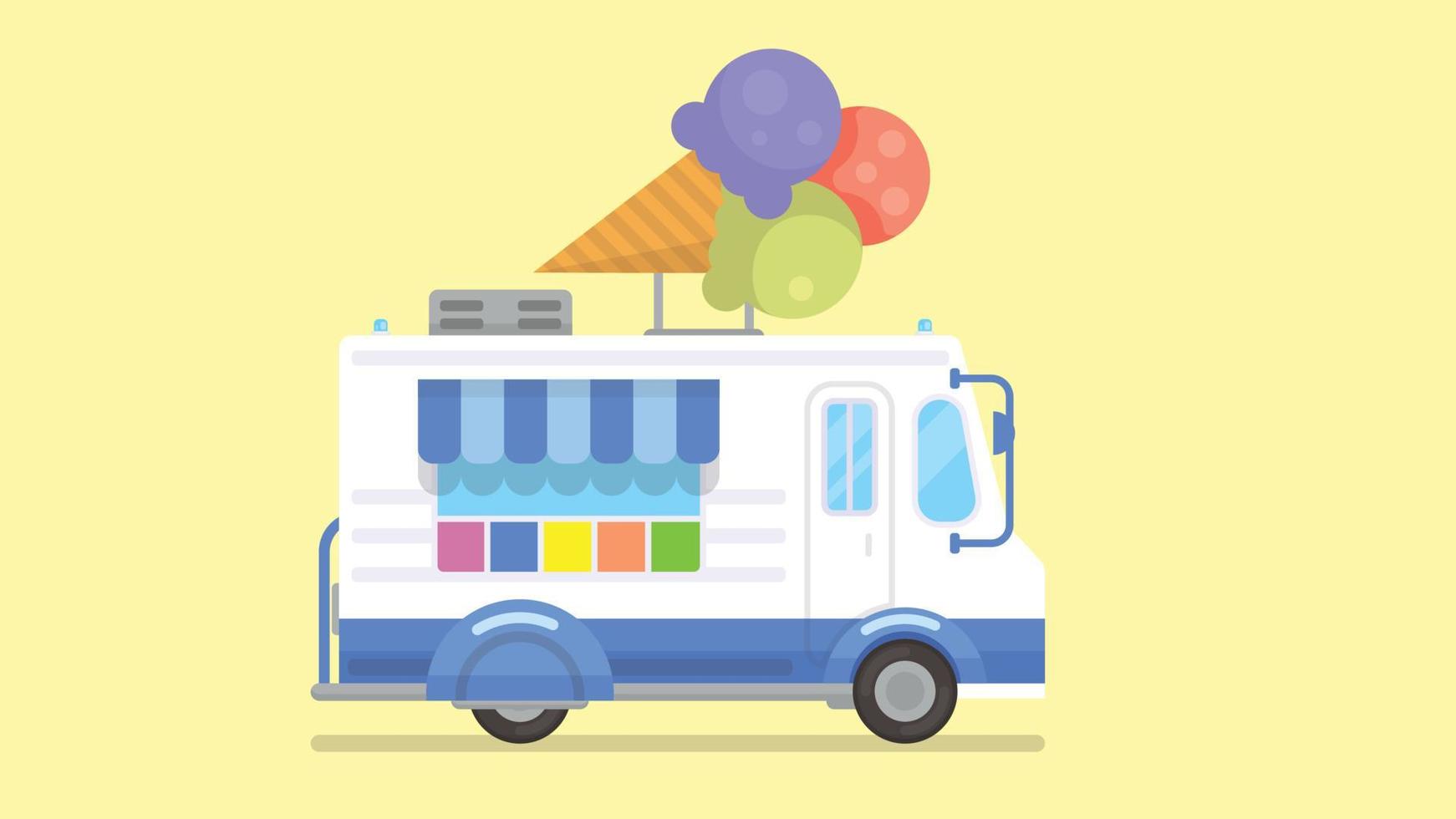 camion dei gelati colorato in stile piatto. negozio mobile, furgone gelati. gelato street food caravan trailer, illustrazione vettoriale. vettore