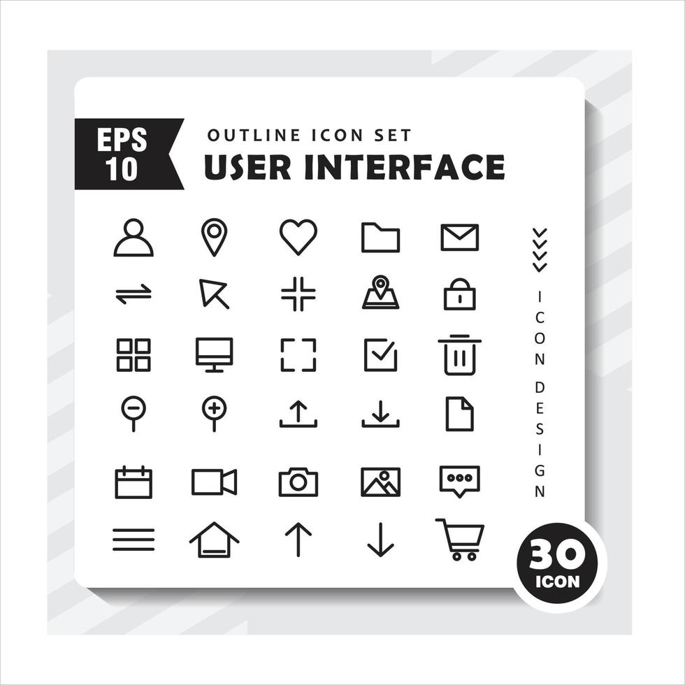 set di icone di contorno sull'interfaccia utente. contiene icone come utente, mappa, amore, file, fotocamera, casa. vettore modificabile