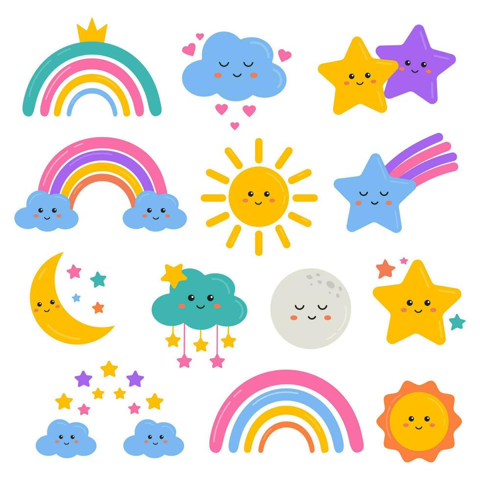 carino collezione con stella, arcobaleno, nube, Luna, sole nel cartone animato stile. tempo metereologico icone, bambini amichevole design. arcobaleni e stelle clipart per stampe, magliette, vacanza inviti, carte per bambini. vettore