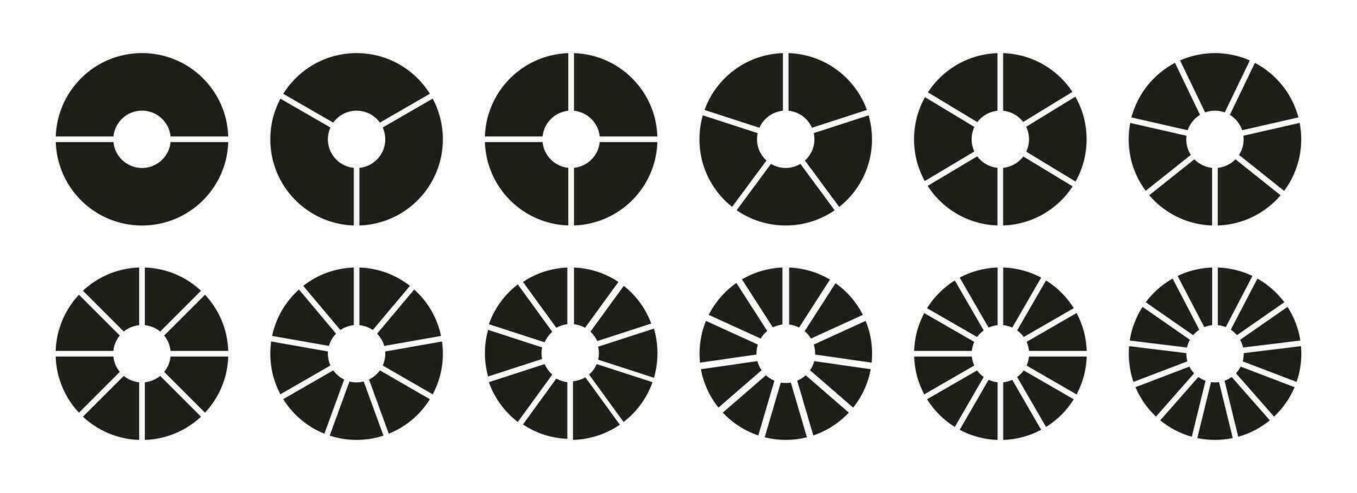 cerchio divisione, 2, 3, 4, 5, 6, 7, 8, 9, 10, 11, 12, 13 pari parti. ruota diviso diagrammi, Due, tre, quattro, cinque, sei, Sette, otto, nove, dieci, undici, dodici, tredici segmenti. Infografica impostare. vettore