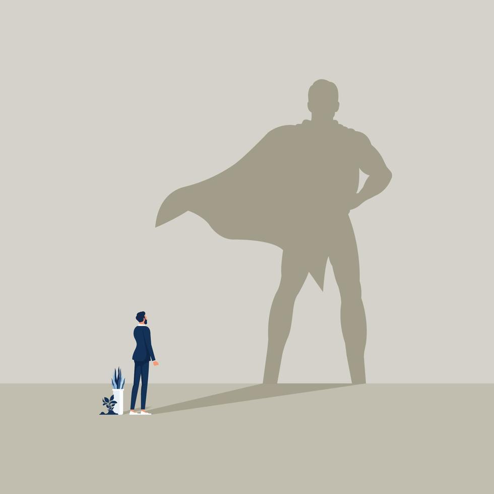 uomo d'affari con ombra di supereroe, ambizione e concetto di vettore di successo aziendale, leadership super eroe negli affari, illustrazione di supereroe leader di motivazione