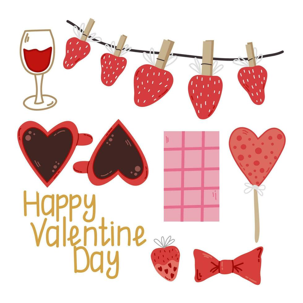 carino impostato di elementi per San Valentino giorno, fragola ,vino bicchiere ,cuore sagomato tazze ,cioccolato,lecca-lecca impostare. romantico vettore illustrazione per cartoline, siti, Stampa.