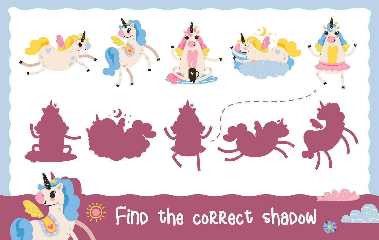 trova il corretta ombra con un' unicorni. educativo gioco per bambini. cartone animato vettore illustrazione