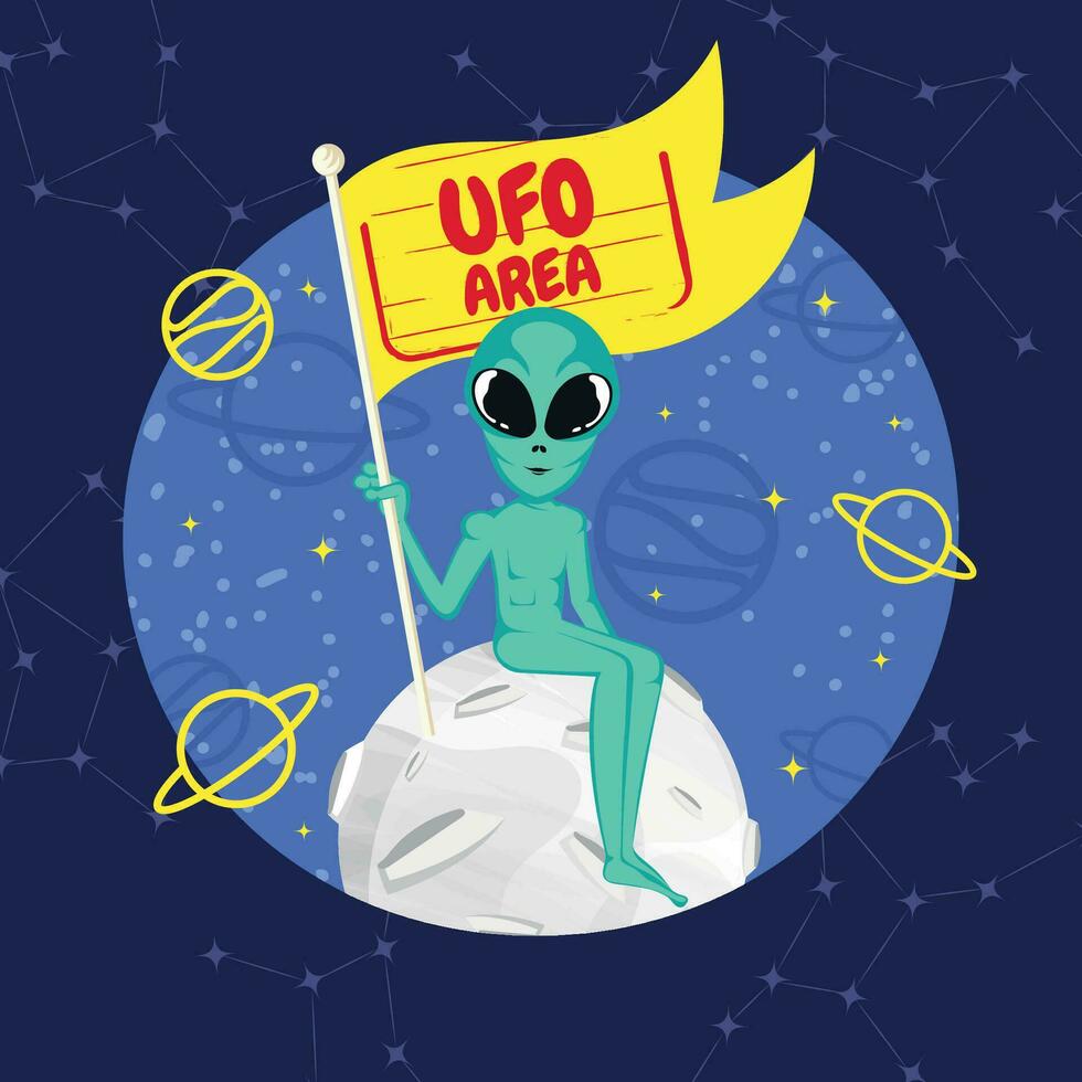 carino cartone animato alieno ufo etichetta vettore