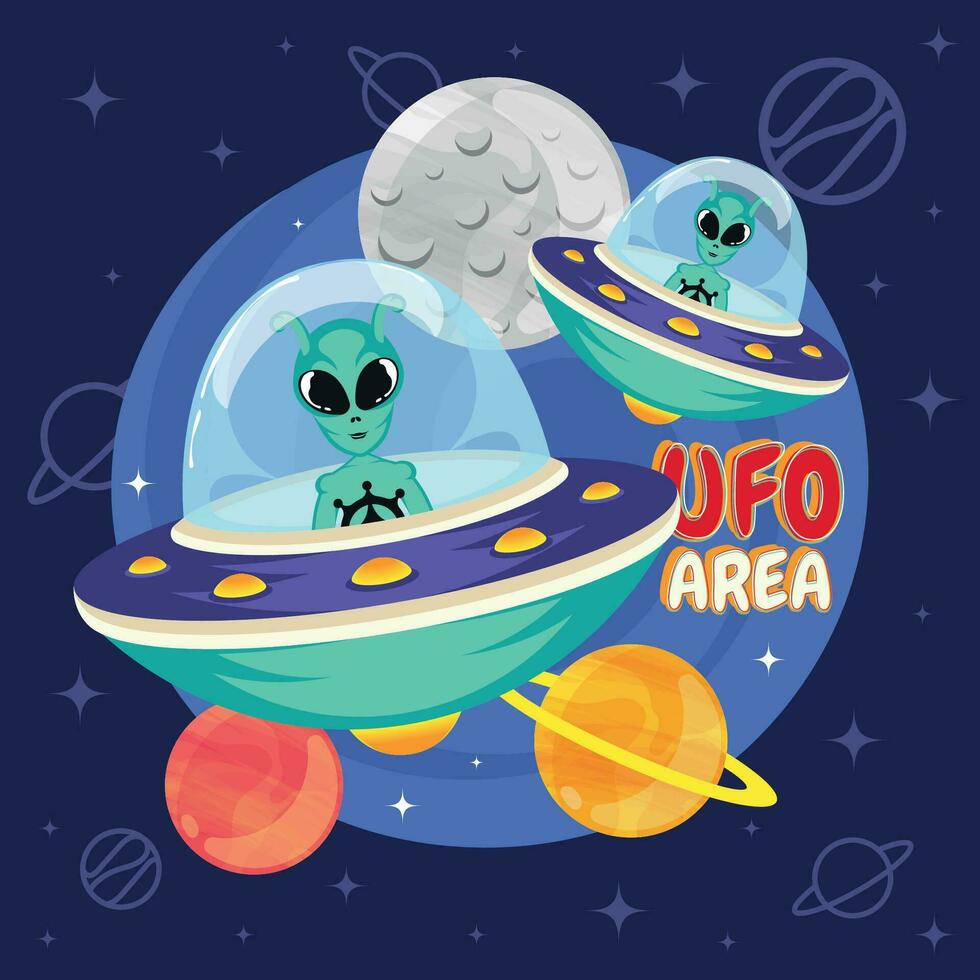 carino cartone animato alieno ufo etichetta vettore