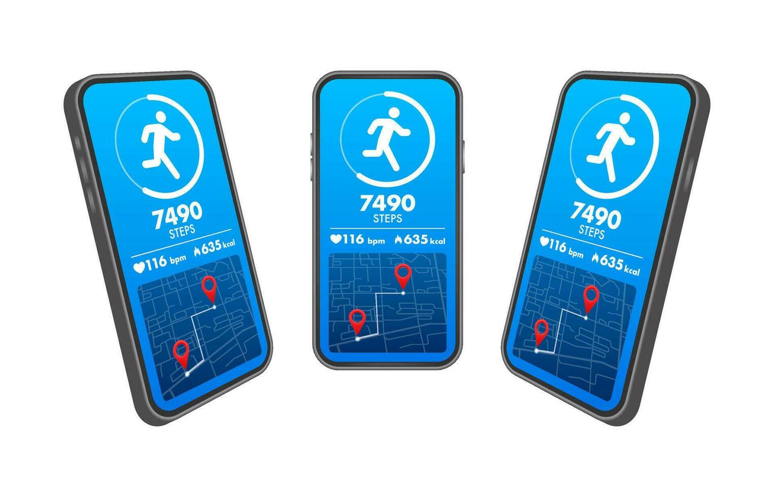 fitness inseguitore App interfaccia vettore illustrazione visualizzazione passi, cuore Vota, e caloria contare su un' smartphone schermo