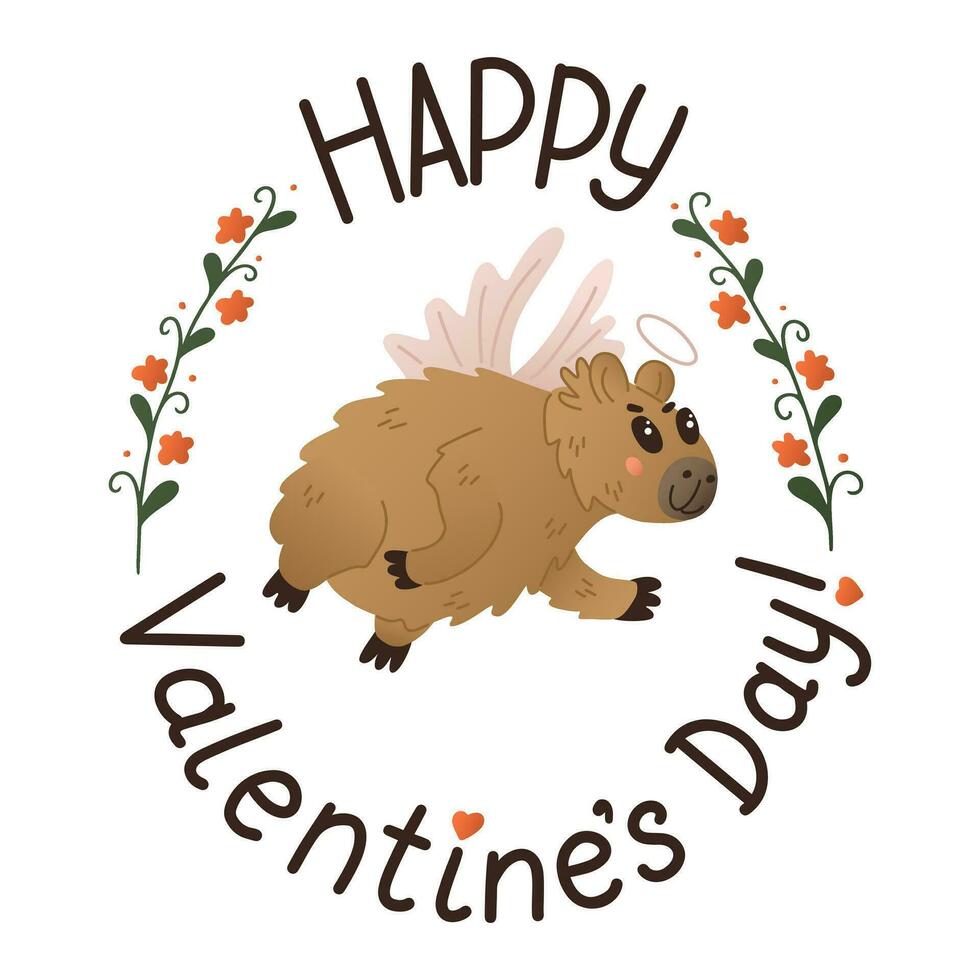 volante carino mano disegnato capibara con san valentino saluto. st san valentino giorno tipografico manifesto. carino piatto animale personaggio con Ali come angelo e con floreale telaio. isolato su bianca sfondo vettore