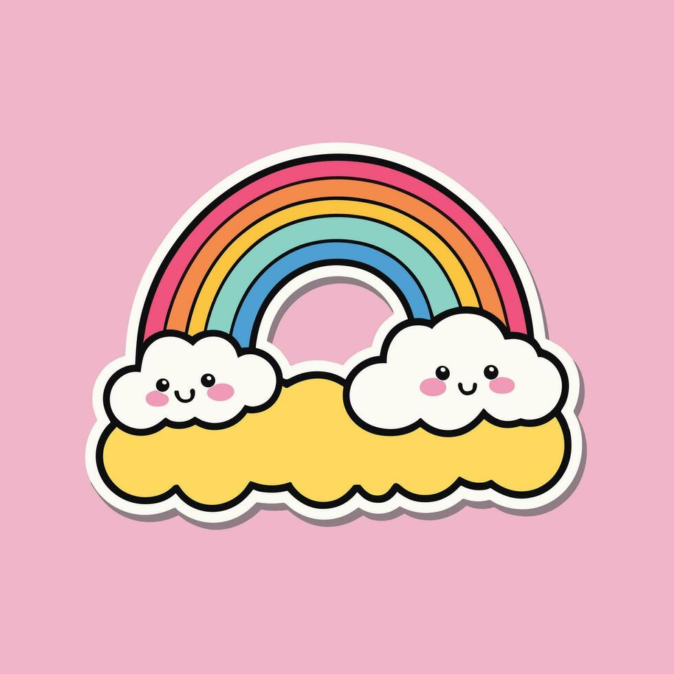 kawaii arcobaleno nube cartone animato etichetta design vettore