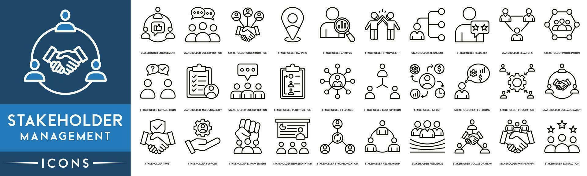 stakeholder gestione schema icona collezione. magro linea stakeholder Fidanzamento, comunicazione, collaborazione, analisi, feedback, relazioni, partecipazione, comunicazione, influenza e resilienza vettore