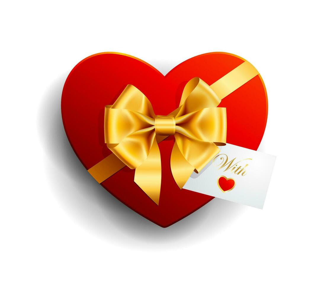 cuore forma rosso regalo scatola con d'oro arco e nastro vettore