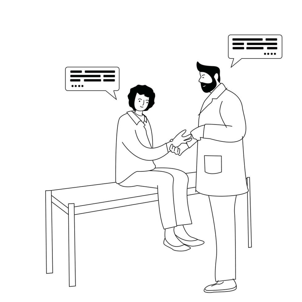 illustrazione di un' medico l'esame un' paziente, monocromatico linea stile vettore