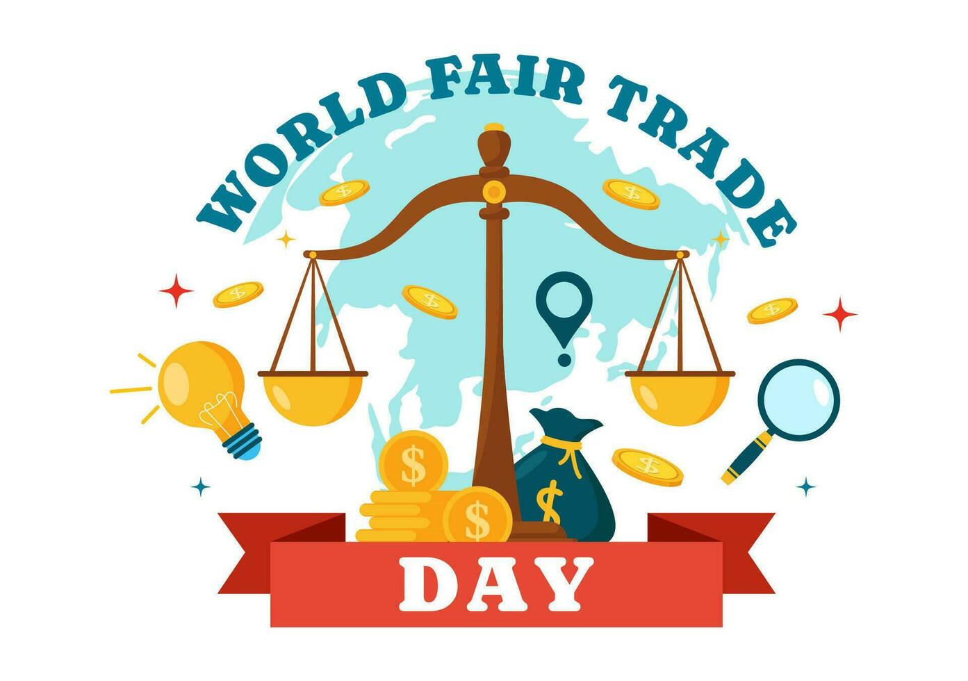 mondo giusto commercio giorno vettore illustrazione su 11 Maggio con oro monete, bilancia e martello per clima giustizia e pianeta economico nel piatto sfondo