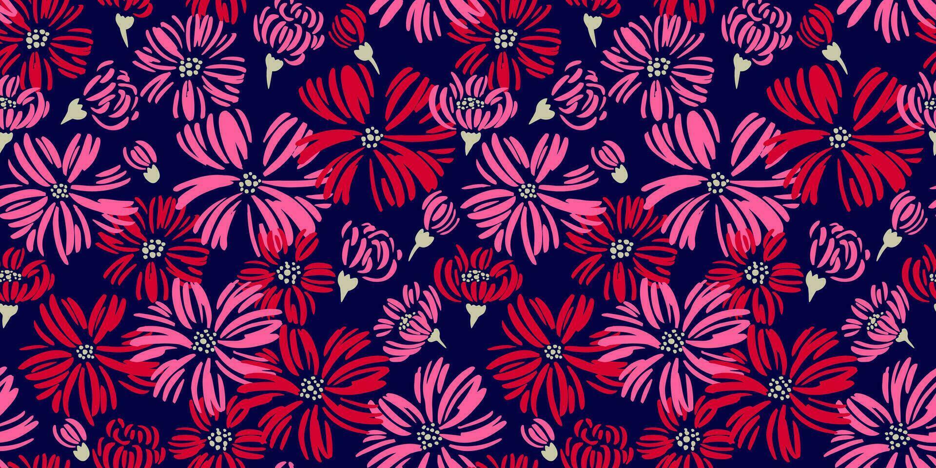 senza soluzione di continuità astratto margherita fiori e mini cuffie modello su un' buio sfondo. vettore mano disegnato schizzo. fioritura rosso rosa campo struttura sfondo con spazzola floreale. design per tessile, moda, tessuto