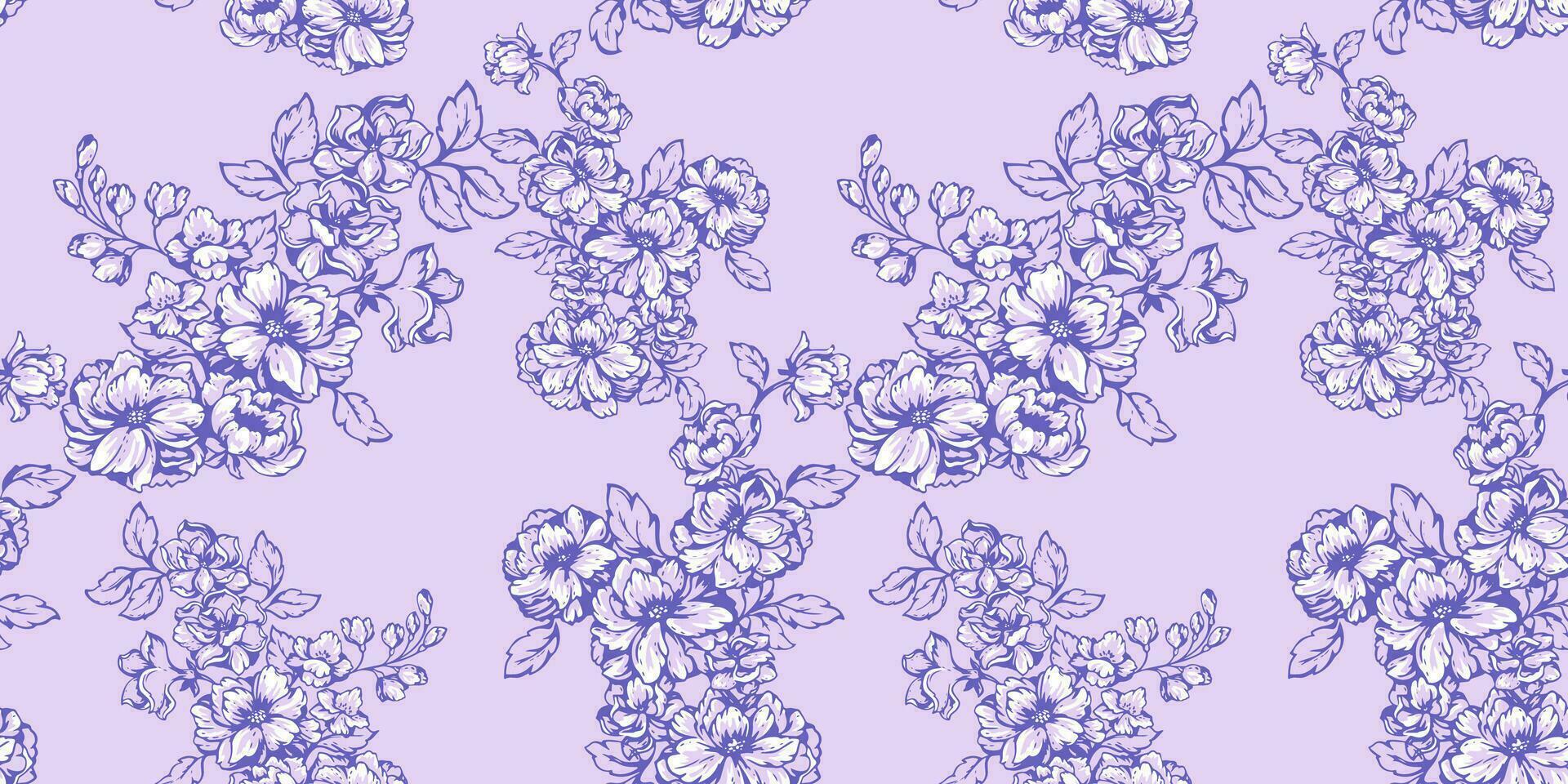 pastello artistico, astratto floreale rami modello. fioritura campo nel molti tipi fiori su un' viola sfondo. eleganza creativo botanico Stampa. vettore mano disegnato linee, lineamenti, forma fiori