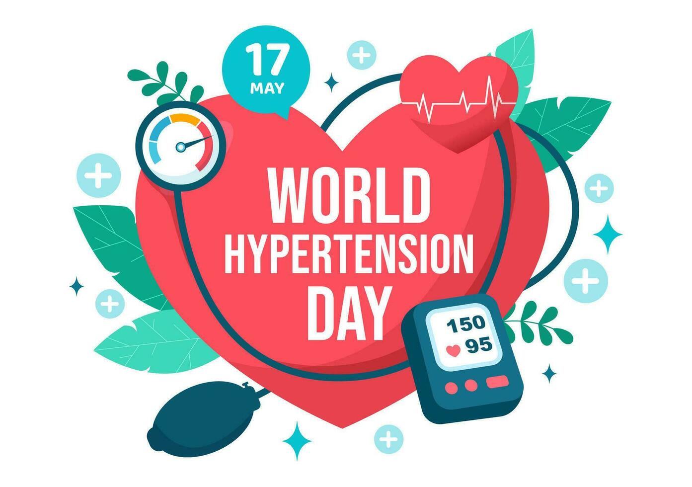 mondo ipertensione giorno vettore illustrazione su Maggio 17 ° con alto sangue pressione, tensimetro e rosso amore Immagine nel assistenza sanitaria piatto sfondo