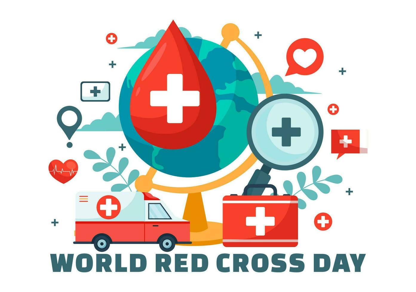 mondo rosso attraversare giorno vettore illustrazione su Maggio 8 per medico Salute e fornire sangue nel assistenza sanitaria piatto cartone animato sfondo design