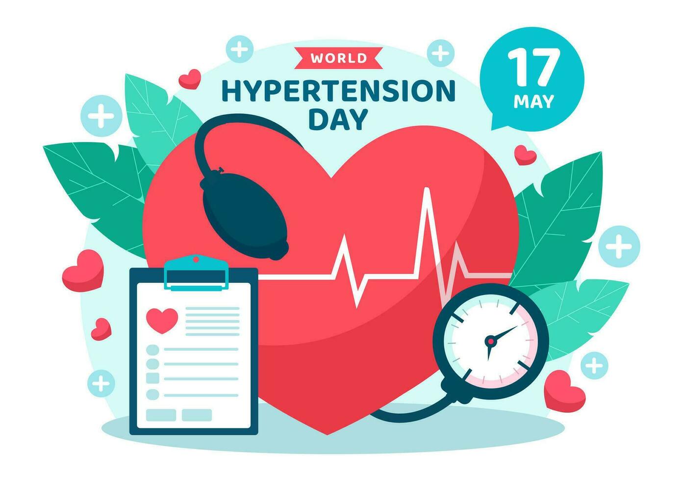 mondo ipertensione giorno vettore illustrazione su Maggio 17 ° con alto sangue pressione, tensimetro e rosso amore Immagine nel assistenza sanitaria piatto sfondo