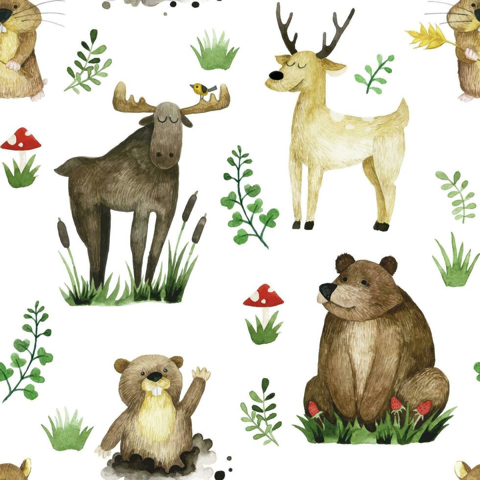 carino senza soluzione di continuità modello con foresta animali. acquerello Stampa di realistico animali per bambini. orso, alce, cervo, marmotta, criceto vettore