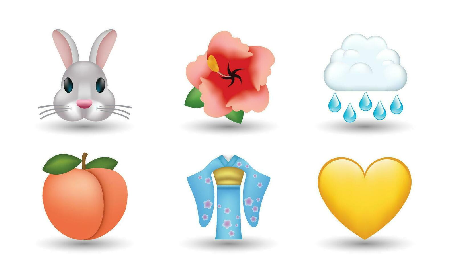 6 emoticon isolato su bianca sfondo. isolato vettore illustrazione. coniglio, rosa fiore, piovoso nube, pesca, tradizionale Cinese costume, giallo cuore vettore emoji illustrazione. 3d illustrazione.