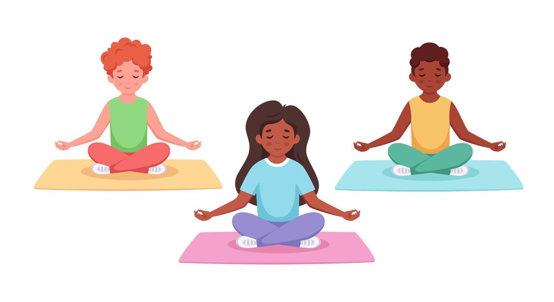 bambini di diverse nazionalità che meditano nella posa del loto. ginnastica, yoga e meditazione per bambini. vettore