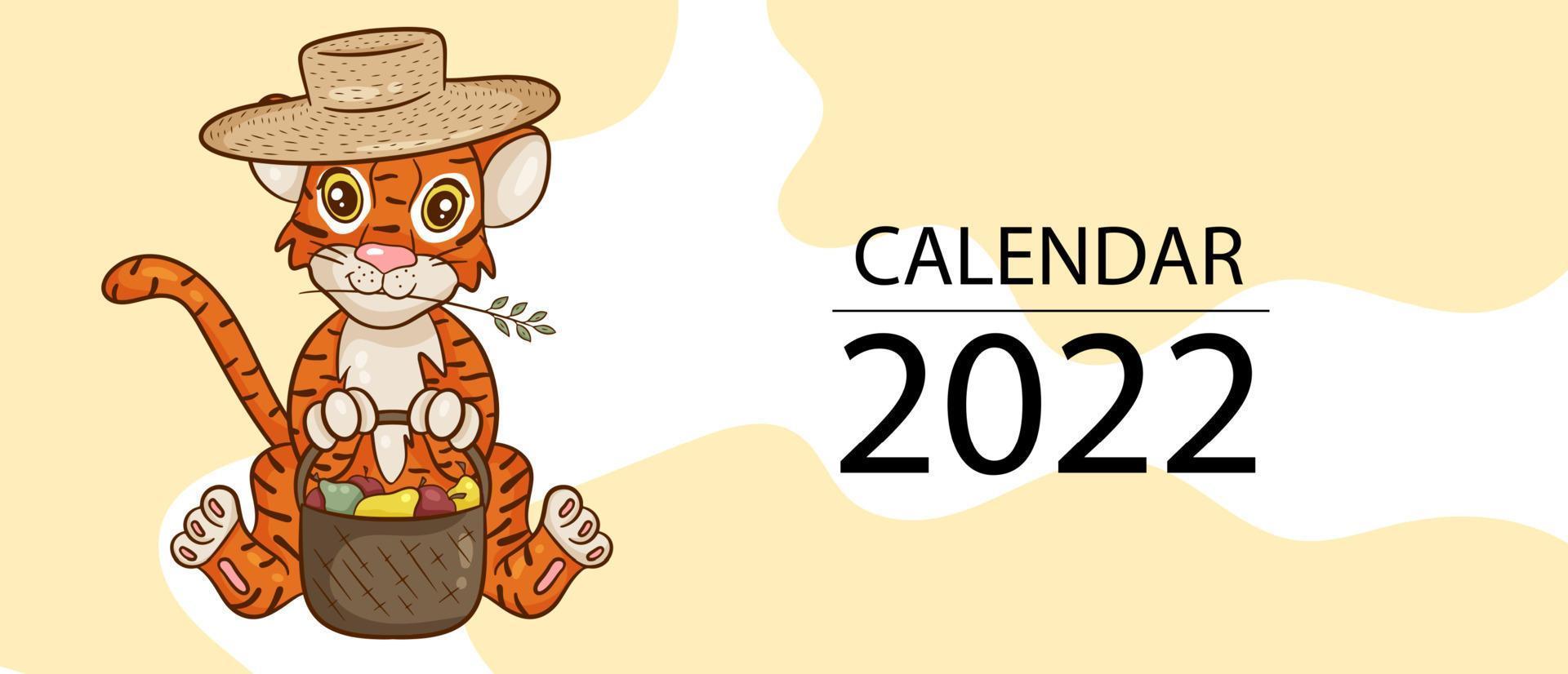 modello di progettazione del calendario per il 2022, l'anno della tigre secondo il calendario cinese o orientale, con un'illustrazione della tigre. copertina per il calendario per il 2022. vettore