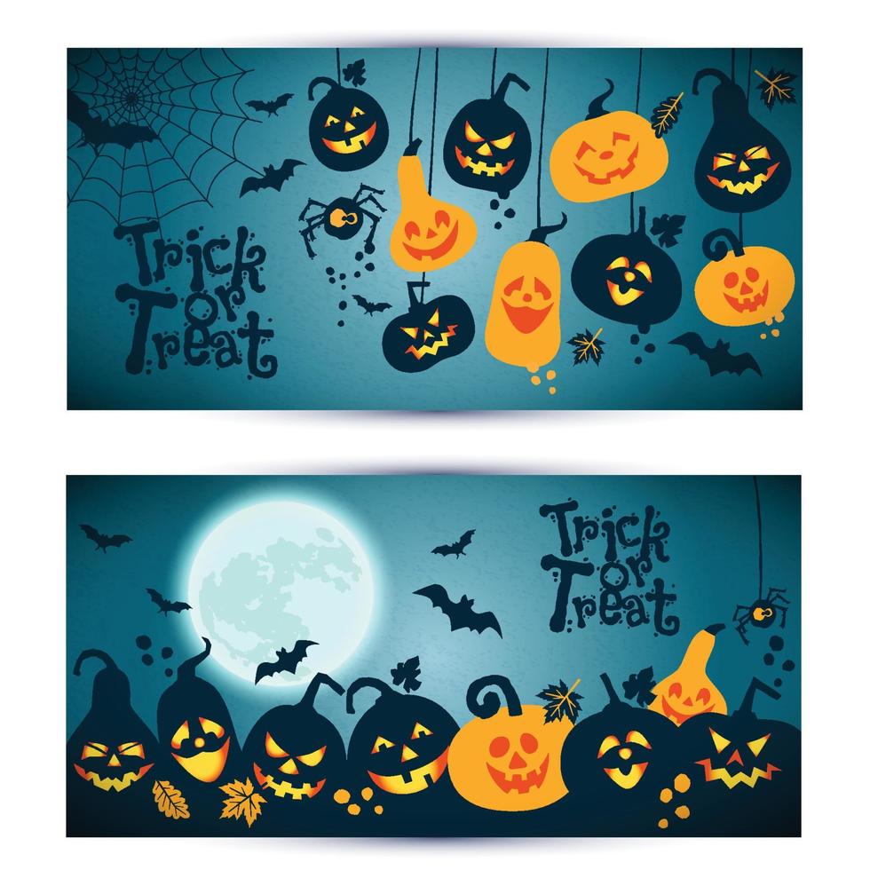 sfondo di halloween di zucche allegre con la luna. set di banner vettore