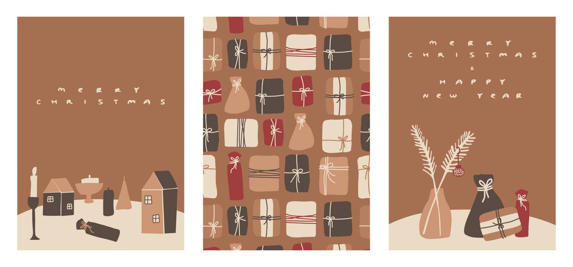 set di carte disegnate a mano per le vacanze invernali. illustrazione vettoriale con case, regali, candele, candelieri, rami, alberi e altri elementi per natale e capodanno
