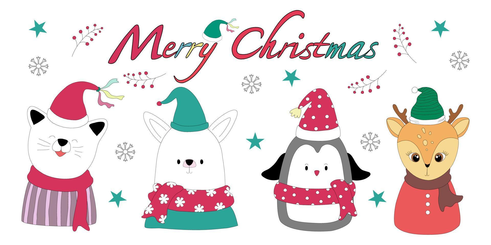 buon natale con simpatici personaggi clip art progettati in stile doodle che possono essere applicati a diversi temi natalizi in base alle tue preferenze. vettore