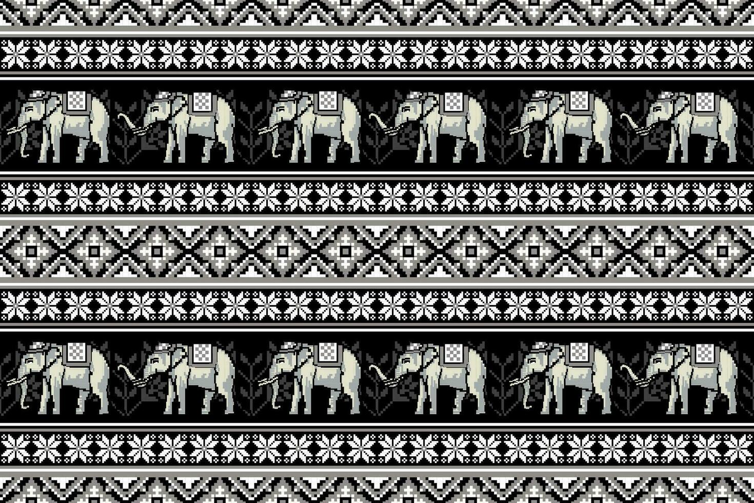 etnico tradizionale tailandese bianca elefante pixel arte senza soluzione di continuità modello. design per tessuto, piastrella, tappeto, ricamo, avvolgere, sfondo, e sfondo vettore