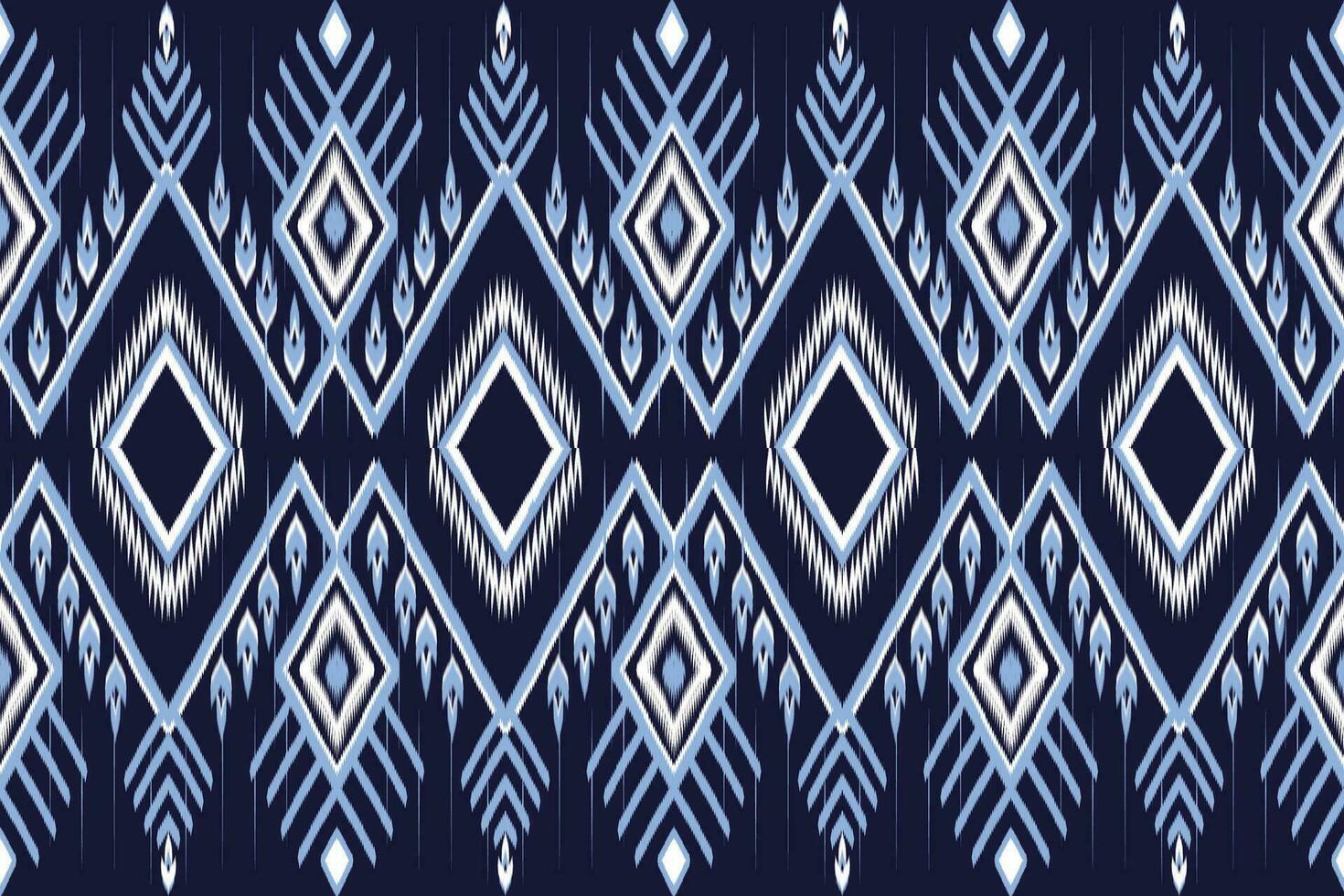 etnico blu e bianca ikat modello su buio blu sfondo. senza soluzione di continuità modello vettore design per tessuto, piastrella, tappeto, ricamo, sfondo e sfondo